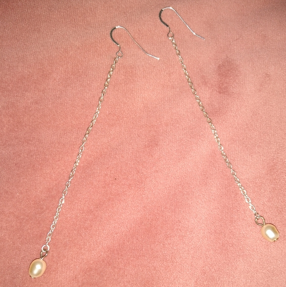 Pearl Long Delicate Chain Handmade Earrings Solid 925 Sterling Silver Ear Wires - Picture 7 of 8
